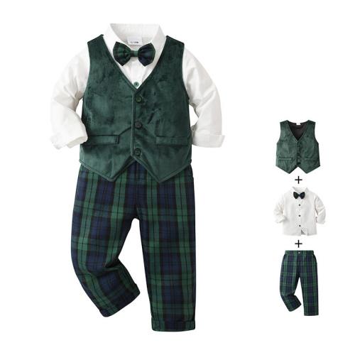 Boy spring and autumn plaid children's clothes baby with vest suit dress three-piece boy suit