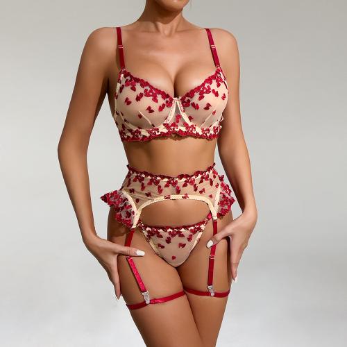 Polyester Bra and Panties Set & hollow & skinny style red Set