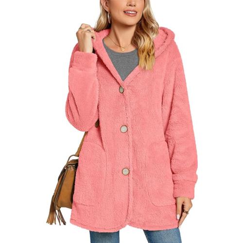 2024 women's plush hooded button pocket cardigan casual coat women's clothing