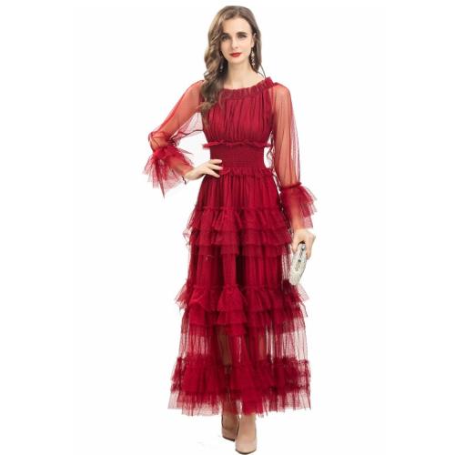 Women's sexy perspective long sleeve laminated ruffled pink long skirt dress