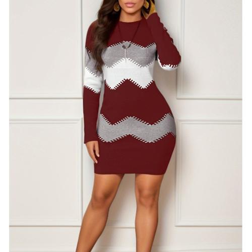 2024 Women's Mid-length Skirt Crewneck Long Sleeve Printed Knitted Hip dress