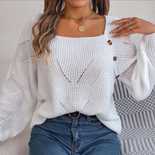 Autumn and winter casual square collar button solid color hollow lantern sleeve sweater