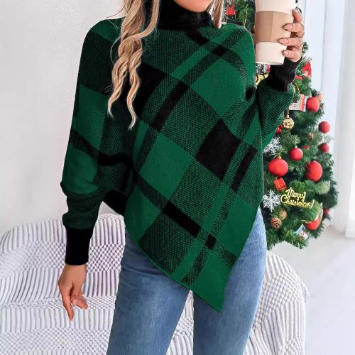 2024 autumn and winter casual contrast plaid high collar long sleeve cape sweater Christmas