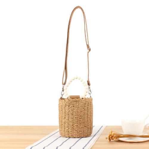 Wooden beads portable paper rope woven bag drawstring bucket bag small casual handmade bag