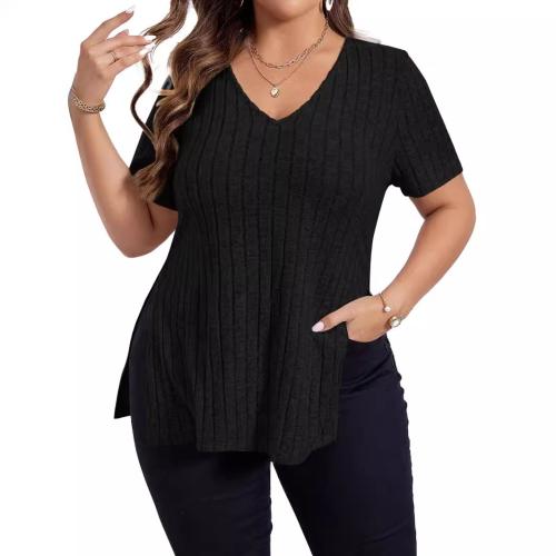 2024 new solid color plus size women's top V-neck pit short sleeve split pullover T-shirt