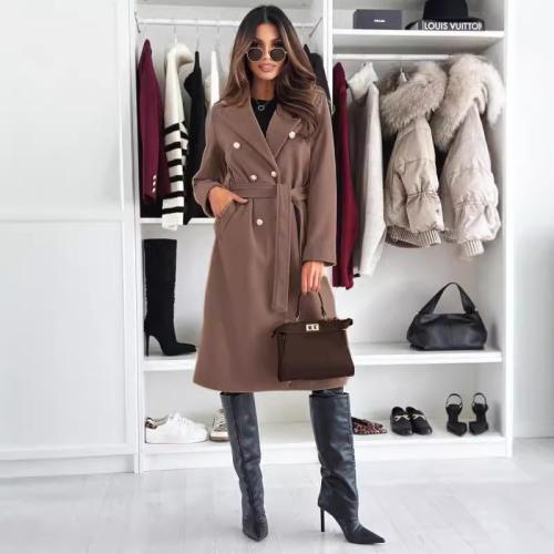 2024 New Autumn and Winter Simple Fashion Solid Color Double-breasted Strap Woolen Coat