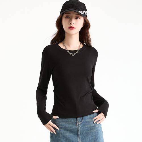 2024 New Pleated Waist Spice Girl Long Sleeve Top Round Neck Shoulder Base Shirt T-shirt