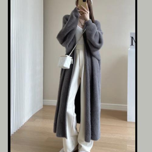 Lazy style faux mink velvet sweater loose over-knee long thick pure sweater cardigan coat