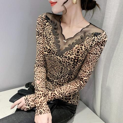 V-neck Leopard Long-sleeved T-shirt Elegant Women's Mesh Stitching Base Shirt Tight Top