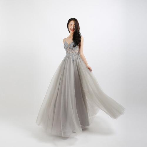 Beaded crystal ball gown 2024 new summer strap long sexy tulle V-neck evening gown