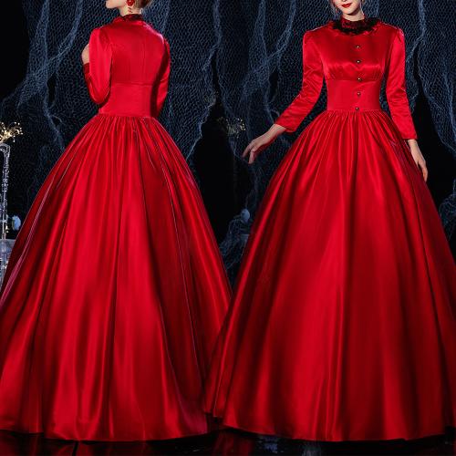 Wine Red stand collar Christmas European court dress drama studio photo catwalk show Halloween Queen performance costume female