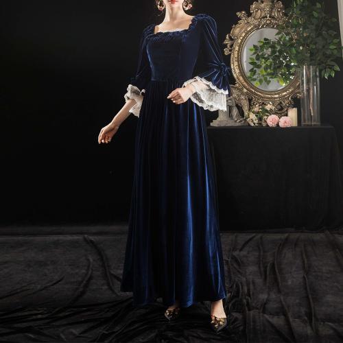 Artistic Retro Velvet Medieval Oil Painting French Court Trumpet Sleeve Lace Dress Christmas Annual Meeting Dress