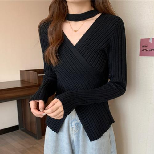 Women's V-neck irregular sweater with halter design, autumn and winter cross slimming sweater, thick pullover top