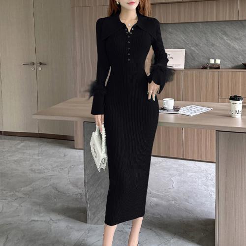 Fashion POLO Collar Long Sleeve Base Skirt Feather Stitching Elegant Sweater Dress High-grade Knitted Hip Skirt