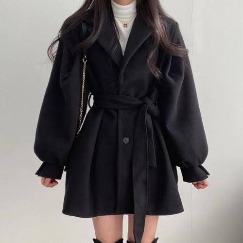 Waist-tight woolen coat for women autumn and winter black lace-up woolen coat thickened