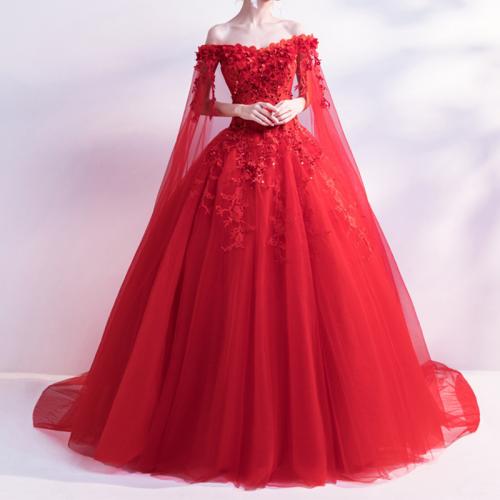 Rose red evening dress veil long sleeve 2024 new bridal wedding toast dress fairy evening dress