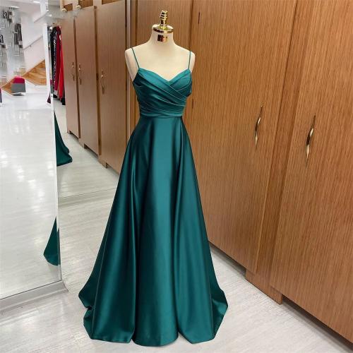 2024 new dark green formal dress V-neck pleated wedding party dress suspender style dress