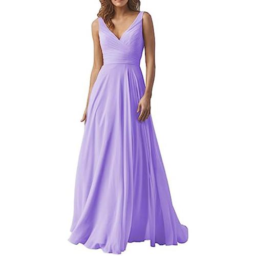 Women's V-neck Chiffon Strap Bridesmaid Dress Long A- hem Pleated Dress Formal Evening Dress