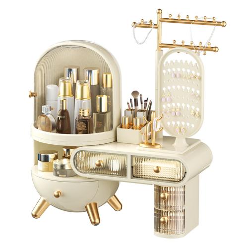 Dressing Table Cosmetics Storage Box Desktop Jewelry Integrated Dust-proof with Mirror