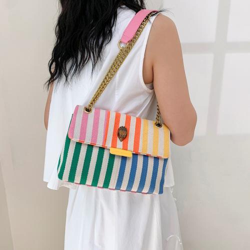 Simple all-match bag colorful striped canvas bag women's fashion chain bag hot selling shoulder messenger bag