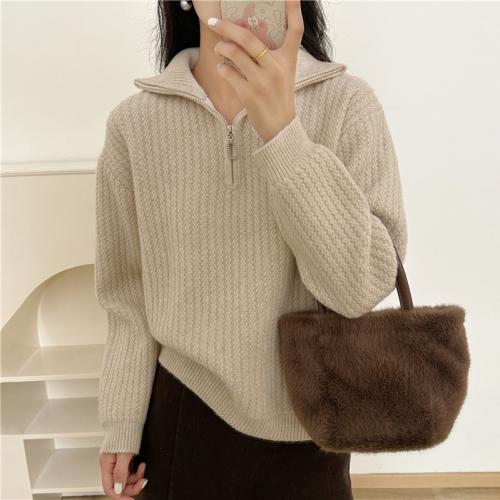 Simple Zipper Polo Lapel Sweater Women's Base Shirt Autumn and Winter Inner Thick Knitted Pullover Top