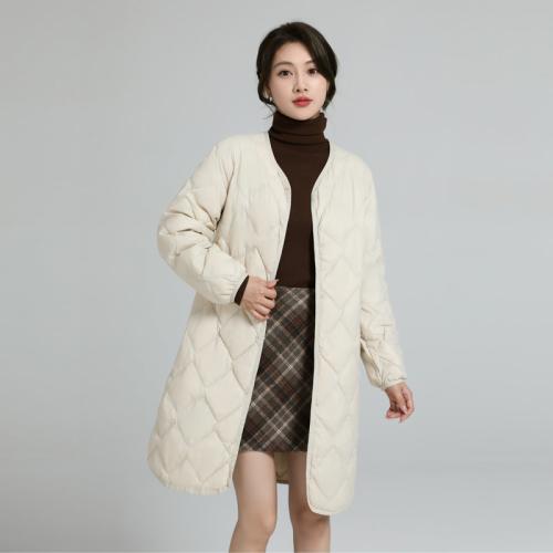 Plus size lightweight down jacket Women's Mid-length V-neck rhombus plaid coat bottoming stacked