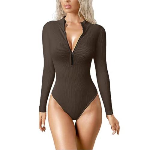 2024 long-sleeved jumpsuit sexy rib one-piece front zipper long-sleeved top jumpsuit