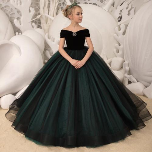 Children's Dress Velvet Princess Dress Off-shoulder Girl's performance evening dress Tail