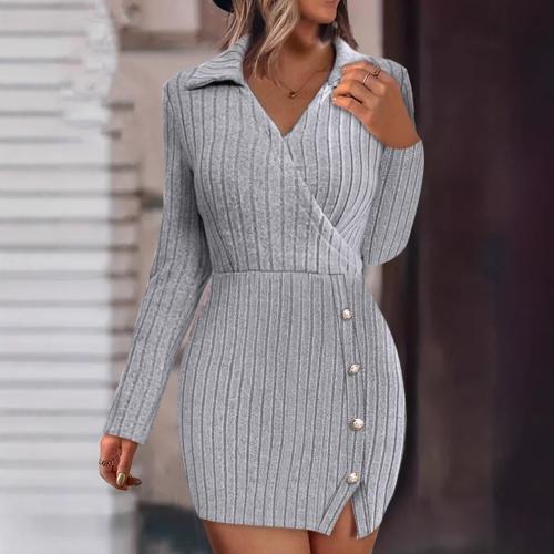 2024 autumn and winter solid color V-neck tight hip slim long sleeve dress women