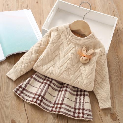 Girls' Sweater Set  Autumn and Winter New Style Solid Color Cartoon Children's Knitted Pullover Skirt Trendy