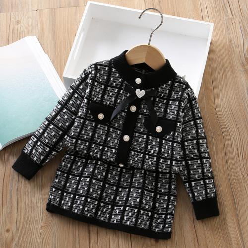 Girls' Sweater suit 2024 Fall/Winter New Style Chanel Style Bow Knitted Cardigan Skirt Two-Piece Fashionable