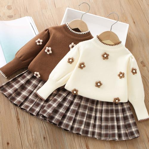 Girls' sweater suit 2024 autumn and winter new style flower girl long sleeve knitted pullover pleated skirt two-piece set