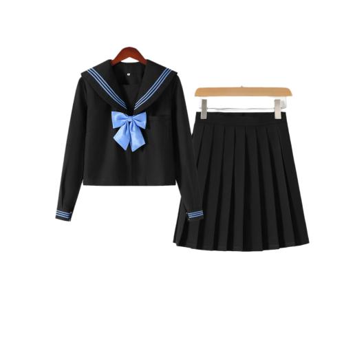 Japanese JK uniform Orthodox basic all black blue sailor suit mid-length skirt college style