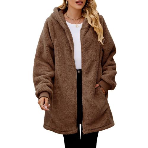 2024 Winter New Loose Plush Women's Long Sleeve Hooded Zipper Cardigan Jacket