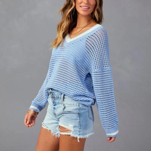 Lazy Knitted Shirt Summer High-end Long-sleeved Stitching Sexy Hollow Sweater Blouse