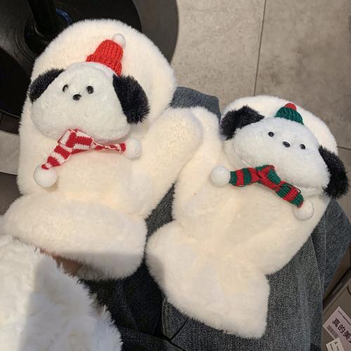 Cartoon Christmas Puppy Plush Gloves Women's Winter Warm Thickened fleece-lined Neck Hanging