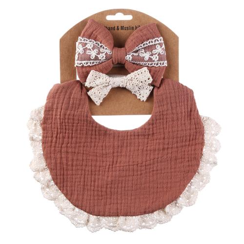 Baby's Slip Towel Lace Headband Set Pure Cotton Wrinkled Cloth Solid Color Double-sided Waterproof Bib