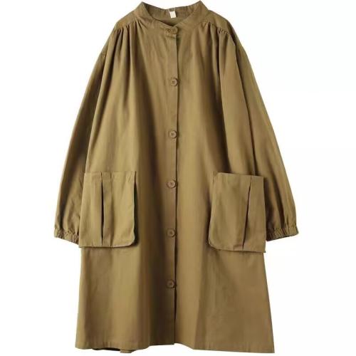 Loose Artistic Long-sleeved Coat  Vertical Collar Solid Color Large Pocket Mid-length Casual Jacket