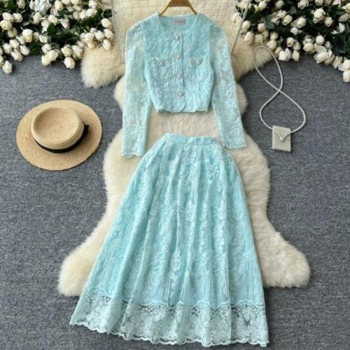 Women's Short Round Neck Puff Sleeve Lace Top High Waist Large Swing Skirt Autumn Two-piece Set