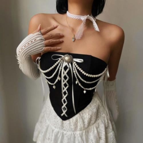 Christmas Vintage Velvet Stitching Pearl Chain off-shoulder Strapless Fishbone Top