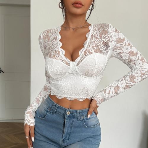 Autumn New Light Mature Solid Color Flower Lace Semi-transparent Comfortable Fit Long-sleeved Top