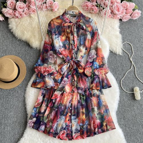 Tea Break French Retro Fashion Printed Waist dress Women's Elegant Thin Chiffon Vacation Dress Two-piece Set