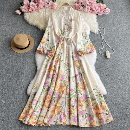 Retro Printed Dress dress Women's High-end Long Dress with Vertical Collar and Lantern Sleeve Tight Waist