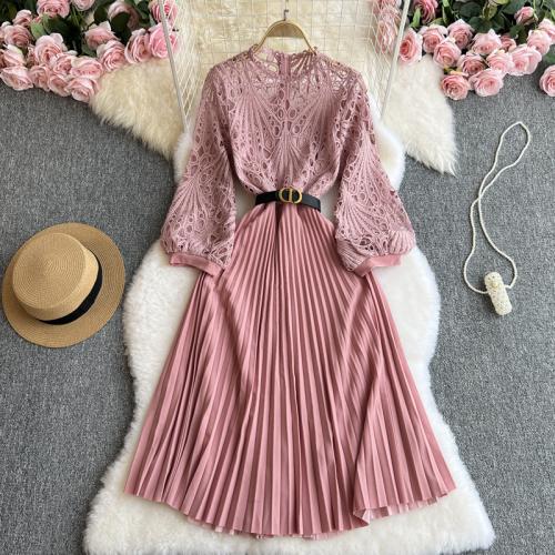 Retro Palace Style Lace Hollow dress Women's Autumn New Elegant Tight Waist Slimming Pleated A- line Skirt