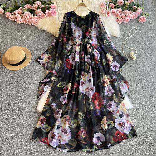 Retro Court dress Women's Tight Waist Elegant Trumpet Long-sleeved Printed Chiffon A- line Dress