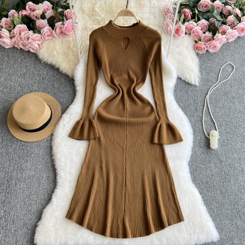 Inner Base Sweater Dress Women's Hollow Waist Trumpet Sleeve Elegant Knitted dress