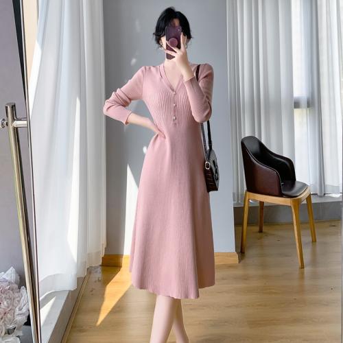 Autumn and Winter Elegant Sweater Hollow-out dress V-neck Inner Base Skirt Slim-fit Knitted dress