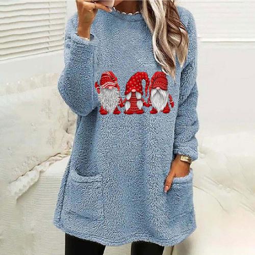 Plush Women's Top Round Neck Pocket Christmas Printed Long Sleeve Thickened Warm Top