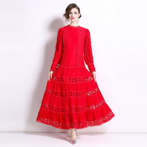 Elegant Dress Round Neck Lantern Sleeve Long Lace Hollow-out dress