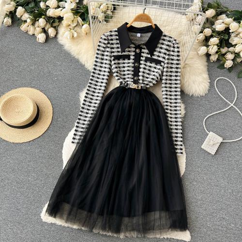 Plaid Stitching Mesh Contrast Color Dress Women's Autumn Long Sleeve Over-Knee Long Dress